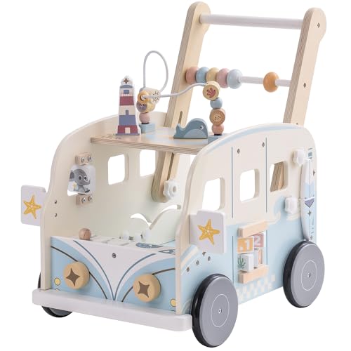 ROBUD Andador de bebé para crianças, caminhante de madeira com rodas e blocos de construção, jogo de centro de atividade, brinquedo para meninos, presente para meninas e meninos