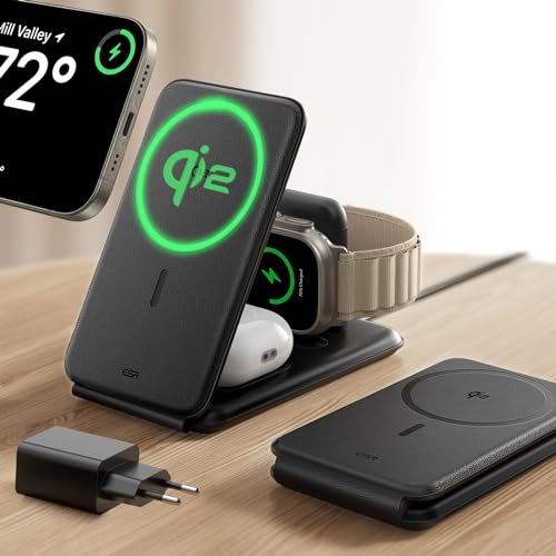 ESR Carregador sem fios 3 em 1, 15 W, base carregador para iPhone e Apple Watch QI2, estação de carregamento MagSafe, para iPhone 16/Apple Watch/AirPods, preto