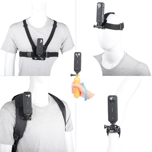 YEHOLDING 9 em 1 Acessórios câmara desportiva kit para Insta360 X4/ X3/ Ace Pro, suporte telemóvel peito, correia para a cabeça e pulso, mochila clipe e suporte flutuante compatível com GoPro Hero