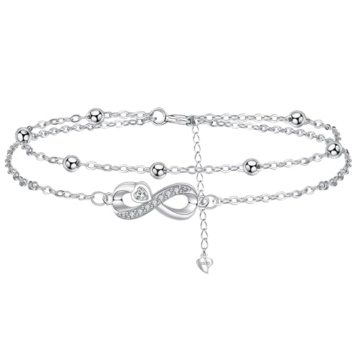 Arrebol Tobillera Pulsera Mujer Plata de Ley 925 para Doble Cadena con Cuentas y Circonita Verano Descalzo Playa Cadena de Pie, Ajustable 22+4cm