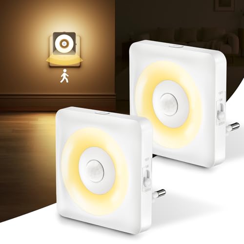 Luz LED com sensor de movimento, 2 peças luz note Bambini da presa, modo sensor ou sempre acesa, brilho regulável, certificação CE, ideal para quarto, sala de estar e casa de banho (branco quente)