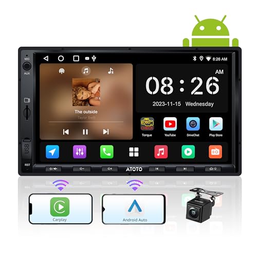 ATOTO A5 Rádio carro 2 DIN, 7" ecrã tátil autorrádio, CarPlay e Android automático sem fios, conexão à internet sem fio/Bluetooth/USB, câmara traseira, Phonelink, 24B-EQ DSP, 2G+32G, FM/RM S