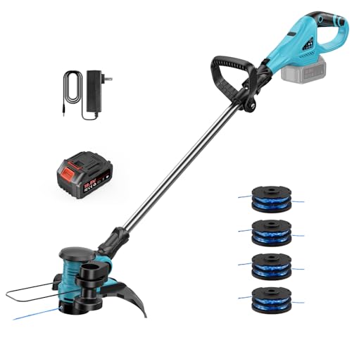 Desboçador bateria 2 em 1 corta-relvas, bateria, corta-relvas, elétrica dobrável com 1 bateria de 4,0 Ah e 4 bobinas de substituição, para relva, jardins e prados. (Uma bateria)