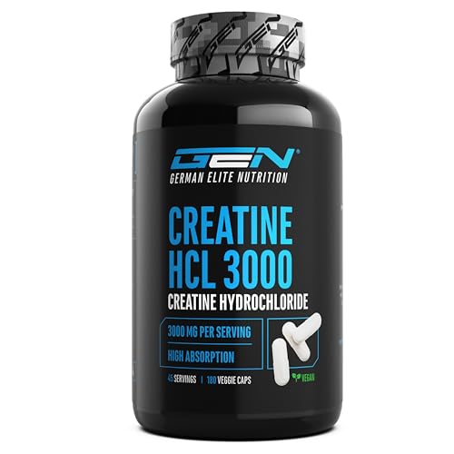 Creatine HCL, 180 cápsulas, alta dose com 3000 mg - puro cloridrato de creatina - alta absorção - alta biodisponibilidade - vegano