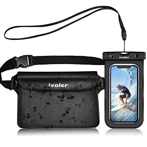 ivoler Conjunto de bolsa impermeável com bolsa de cintura e capa de telemóvel impermeável para praia natação barco pesca, proteção telemóvel, câmera, documento, passaporte (preto)