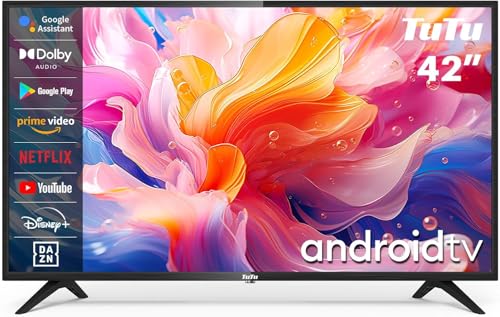 TuTu Smart TV de 42 polegadas LED HD Android televisão com Google Assistant, Google Play Store, Wi-Fi, Bluetooth, Chromecast incorporado, sintonizador digital