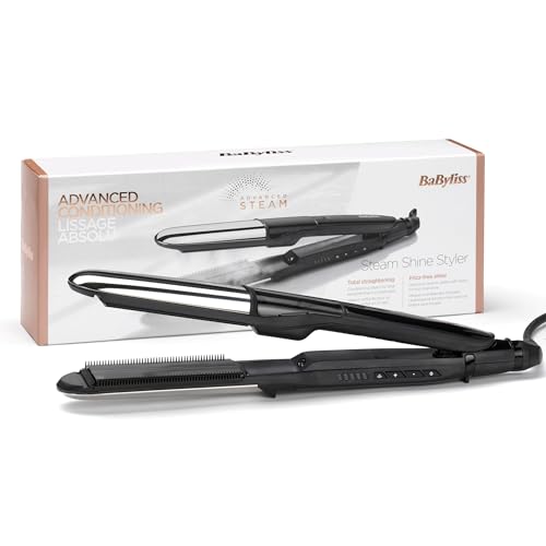 BaByliss Styler Steam Shine ST496E Ferro de cabelo com vapor liso e ondula, placa exterior curva para ondular, iónica, pentes removíveis - alisamento profissional, cabelo hidratado e protegido