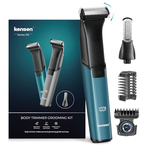 Máquina de barbear corporal masculina 2 em 1, Kensen IPX6 impermeável depiladora corporal homem para barba, axilas, peito, pernas e genitais com ecrã LED, pente limite ajustável (1-10 mm), verde