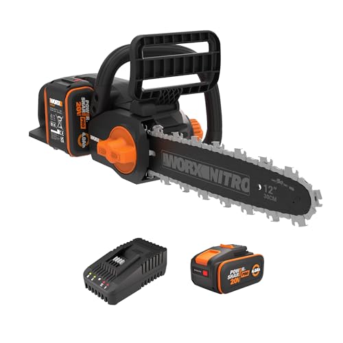 WORX WG350E Nitro - Motosserra profissional com bateria de 20 V, potente serra para madeira, 10 m/s, comprimento de corte de 30 cm, compacta e segura, lubrificação automática, tensor de corrente