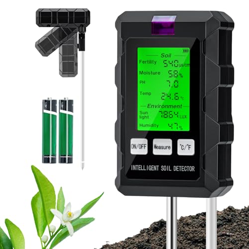 Wigearss Medidor de solo 6 em 1, medidor de fertilidade do solo/luz solar/humidade ambiental/pH/temperatura, testador de solo multifuncional com ecrã LCD retroiluminado para quinta / jardim / relva