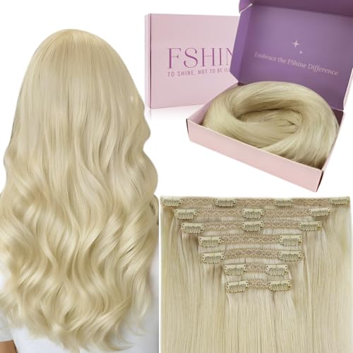 Fshine Cheveux Extensão de 50 cm Blond Platine Extensão de Cheveux Naturel Double Trame Tête Pleine 7 Pcs 120 Gramme Extensão Cheveux Humain Rémy Lisse Hair Couleur 60