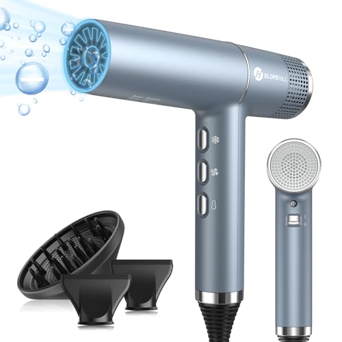 Secador de cabelo, Slopehill Secador de cabelo profissional iónico com motor sem escovas exclusivo | microfiltro inovador | Tecnologia Oxy ativo, ecrã LED, 2000 W | (azul)