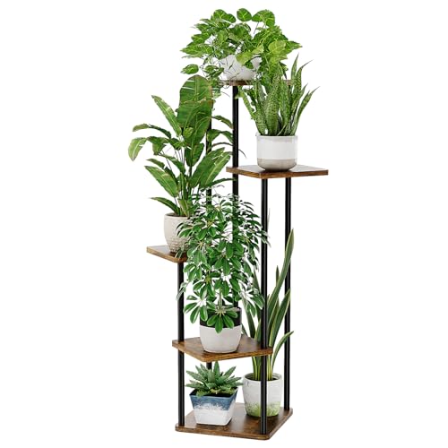 Bamworld Suporte de canto para plantas de interior prateleira de metal de 5 níveis para várias plantas suporte alto para flores para pátio, jardim, varanda, sala de estar, quarto (castanho)