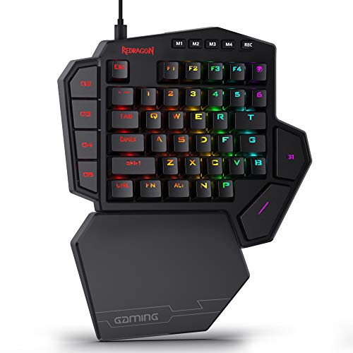 Redragon K585 DITI - Teclado mecânico RGB de uma mão, teclado de jogo profissional com cabo tipo C com 7 teclas macro integradas, apoio para pulsos removível, 42 teclas (Interruptor azul)