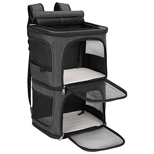 FASRIOU Mochila 2 em 1 para 2 gatos no máximo 12 kg, transporte duplo para 2 gatos, transportador portátil de viagem para animais de estimação, respirável e dobrável, preto