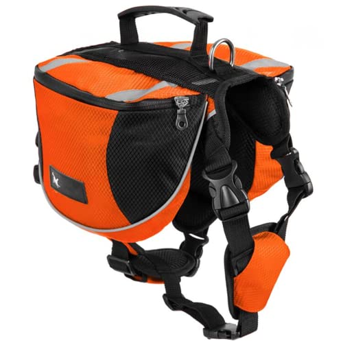 Arnês colete mochila para cão médio e grande, bolsa de selim transportadora impermeável para caminhadas, viagem caminhada, tapete ajustável com tira refletora, para animais de estimação (laranja, L