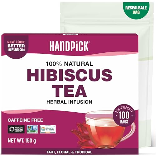 HANDPICK Chá hibisco em bolsas, 100 bolsas redondas ecológicas, sem cafeína, com flores de hibisco 100 % puras, não-OGM, selado a vácuo para frescura