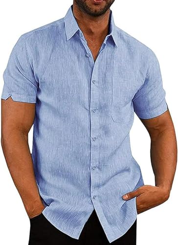 Friptspyg Homem camisa de algodão e linho para manga curta ajuste regular casual de praia com bolso camisa de verão
