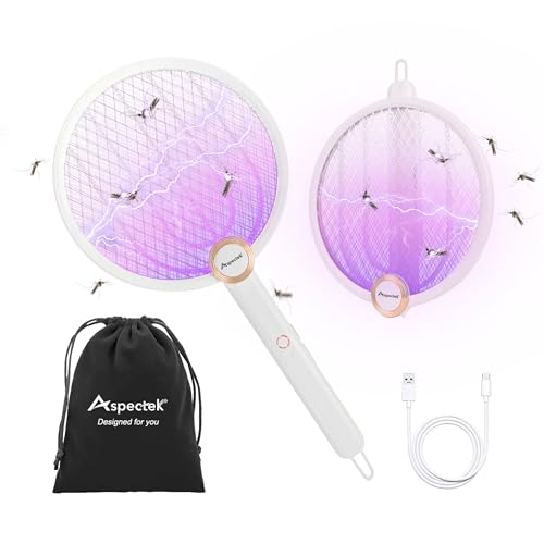 Aspectek Raquete mosquitos elétrica de 3000 V melhorada para interiores e exteriores, portátil, dobrável, recarregável com bateria de longa duração, cabo de carregamento USB, inclui bolsa de