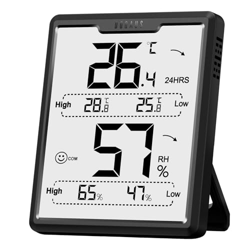 DOQAUS Termómetro higrómetro quarto, medidor de humidade com ecrã LCD grande, 5 s resposta rápida, monitor de temperatura humidade com registos max e min, para quarto, quarto bebé - preto