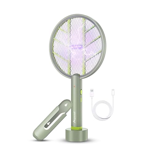 ASPECTEK Raquete mosquitos elétrica nova versão, mata moscas 3000 V 1200 mAh recarregável com base estável, raquete mosquiteira e insetos voadores, repelente mosquitos