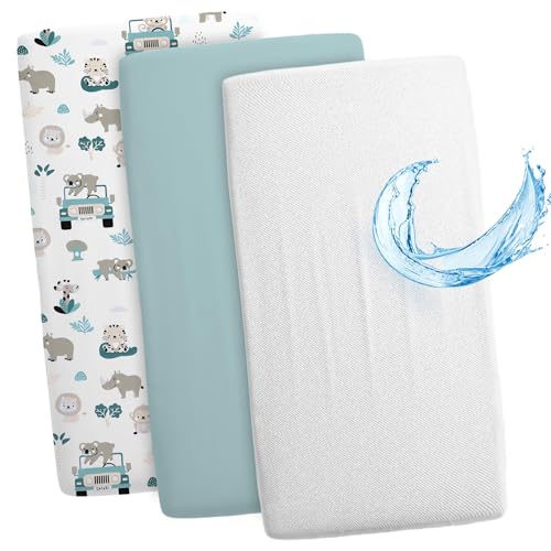 Lençóis ajustáveis para carrinho de bebé conjunto de 3: 90 x 55 cm - 2 lençóis 1 protetor de colchão impermeável - acessórios para berço de bebé e miniberço ursos de peluche