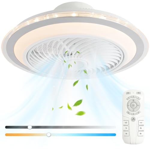 oxylops Ventilador de teto iluminável, ventilador de teto de 5 pás, LED 40 W, motor 12 WDC, luz amarela quente/neutra/branca, 6 velocidades, adequado para quarto, sala de estar, estúdio e cozinha.