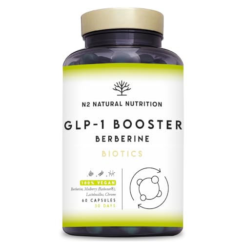 GLP-1 com berberina 600 mg. Reducose® + probióticos. Apoia o controlo do apetite e dos níveis de açúcar no sangue, estimula a produção de GLP-1. Vegan. 60 cápsulas. N2 Nutrição natural