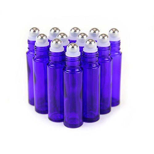 YIZHAO Garrafas azuis Roll On vidro para óleos essenciais de 10 ml, com rolo de aço inoxidável, para óleos essenciais, massagem, aromaterapia, garrafa de laboratório - 24 unidades