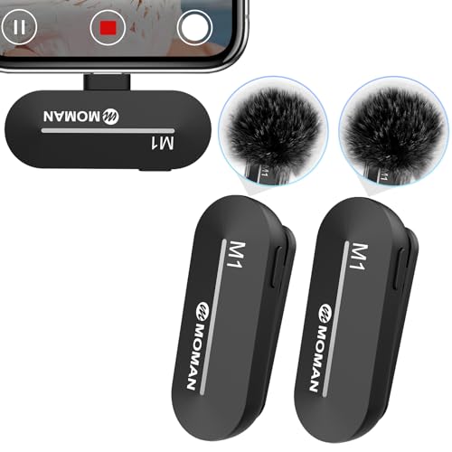Moman Microfone sem fio Lavalier Lightning: microfone de lapela omnidirecional com função de silenciar com um toque de 2,4 GHz iOS telefones Youtube Tiktok microfone - iPad