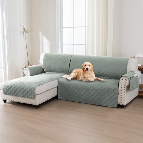 BellaHills Capa sofá Chaise Long, capa de 3 lugares, capas sofá haise braço esquerdo, 100% capa sofá impermeável em forma de L 247 cm, verde claro