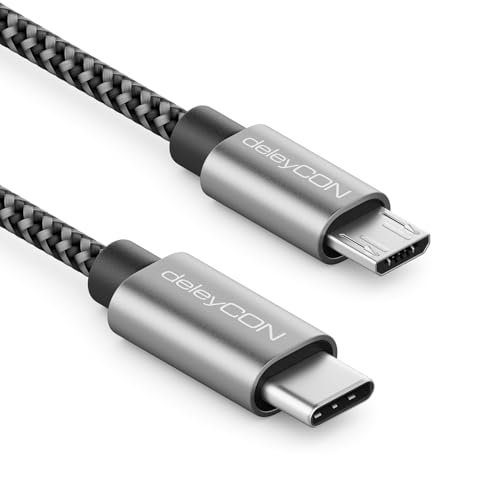 deleyCON 0,5 m USB C para micro USB cabo adaptador 50 cm curto - cabo de carregamento e cabo de dados em ambas as direções - compatível com telemóvel Smartphone Tablet carregador portátil etc. - preto