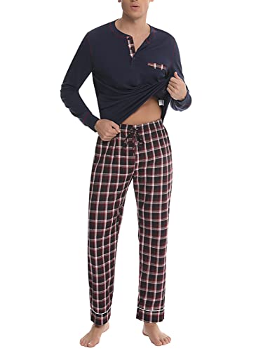 Litherday Pijama homem inverno algodão conjunto de pijama de manga comprida pijamas de homem comprido roupa de dormir para homem com top e calças 2 peças com bolsos S-XXL