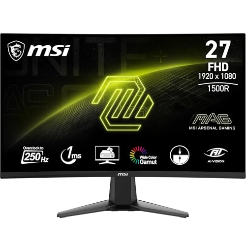 MSI mag 27C6X Monitor curvo Gaming FHD de 27 polegadas, 1500R 1920 x 1080 VA painel, 250 Hz (OC)/1 ms, Adaptive-Sync, DP 1,2a, HDMI CEC