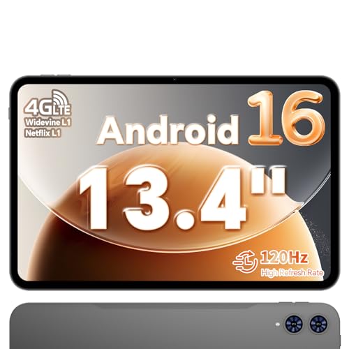 TECLAST Tablet T65 de 13,4 polegadas, Android 16, ecrã de 120 Hz, 4G LTE Dual SIM, 2,2 GHz para jogos, 20 GB de RAM 128 GB de ROM (4 TB TF), GPS, Widevine L1, Tablet PC com conexão USB para