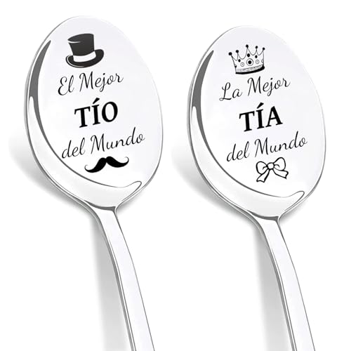 DIKARIYA Colheres de café com gravação para tio e tia - 2 peças de aço inoxidável para sobremesa - presente original de aniversário, casamento ou dia do pai