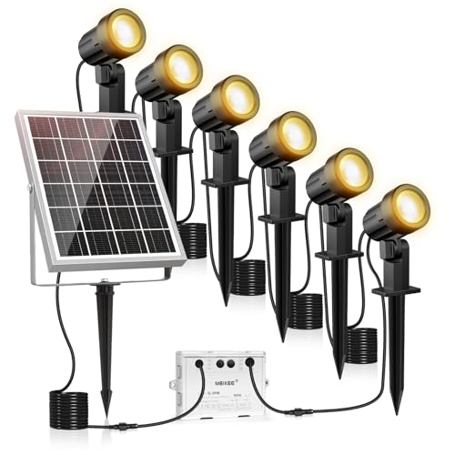 MEIKEE Luzes solares LED para exteriores, jardim 6 em 1 holofotes LED para exteriores, jardim, branco quente, 3000 K, 3 modos, 3 níveis de brilho, IP66, iluminação ao ar livre para árvores, pátio