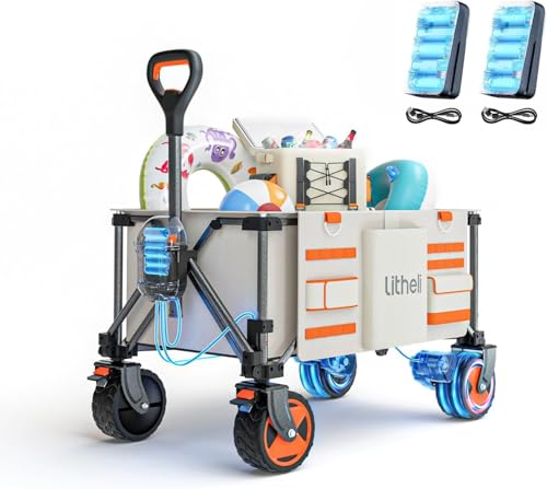 Litheli Carrinho de exterior elétrico dobrável, carrinho de mão dobrável, motor duplo com travões, 150 l, 90 kg, dobrável, adequado para campismo, jardim, praia, compras (bege)