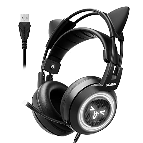 SOMIC Cat Gaming Headset com Virtual 7.1 e luz LED, som envolvente, auriculares com microfone com cancelamento de ruído para computador, PS4, computador portátil, preto (tomada USB)