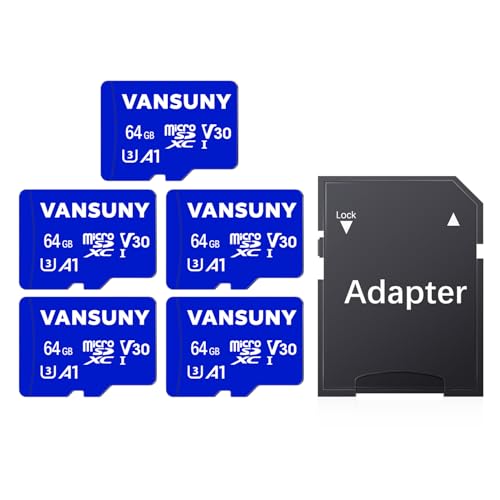 Vansuny Micro SD 64 GB, pacote de 5, com adaptador micro SD, 64 GB, velocidade de 90 MB/s (A1, UHS-I, classe 10, U3, V30)