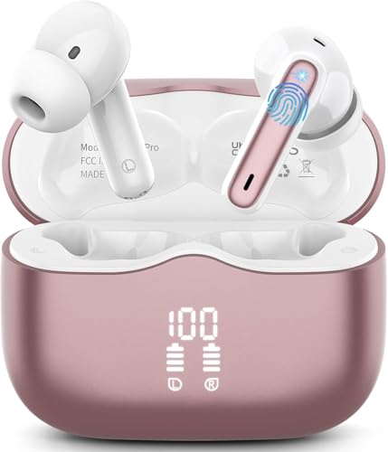 Auriculares sem fios Bluetooth, auriculares Bluetooth 5.4, 40H HiFi estéreo capacetes sem fios com 4 ENC Mic, redução de ruído, IP7 impermeável auriculares com ecrã LED, carregamento rápido, rosa