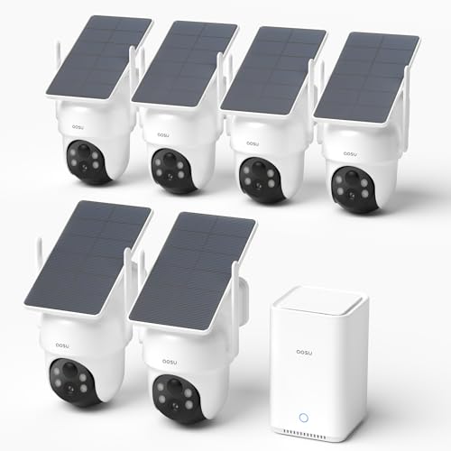 aosu 3K Câmara de vigilância WiFi exterior solar, kit de 6 câmaras com base 2ª geração, sem subscrição, até 1 TB (32 GB interno), 360° PTZ seguimento automático AI pessoa/veículo, WiFi 5G/5G/2,4 GHz