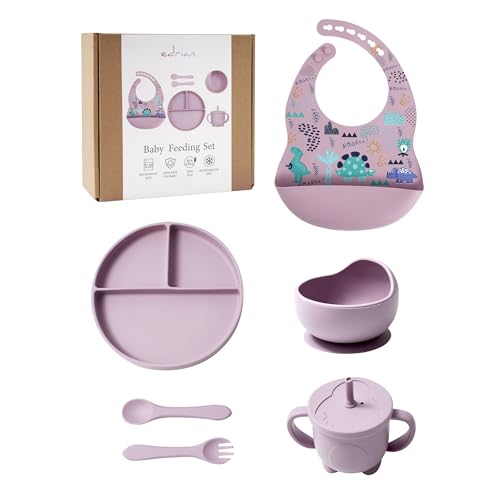 Edrian, Conjunto conjunto de louça bebé 6 peças silicone livre de BPA ideal bebés, não tóxico prato antiderrapante + tigela com ventosa+copo+talheres iniciação+babete ajustável recoletor, para