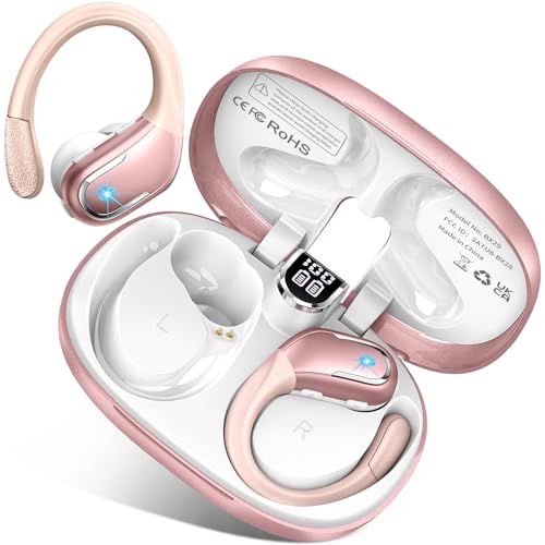 Auriculares sem fios desportivos, capacetes sem fios 5,3 ENC cancelamento de ruído, 75H auriculares Bluetooth HiFi som, auriculares Running, IP7 impermeável para Android/ios, ecrã LED, ouro rosa