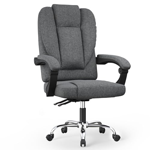 naspaluro Cadeira de escritório ergonómica, mesa de escritório ajustável com encosto alto, design de mola, cadeira giratória de tecido de algodão e linho, rodas silenciosas para o trabalho, cinzento