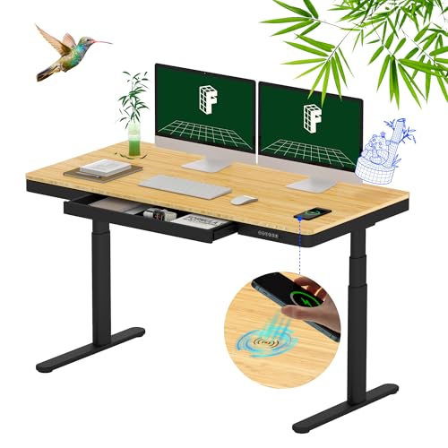 FLEXISPOT Q8 Secretária elevável com placa de bambu inteira com carga sem fios, gaveta e gestão de cabos, elétrica com motor duplo e 3 colunas telescópicas, 140 x 70 cm (preto)
