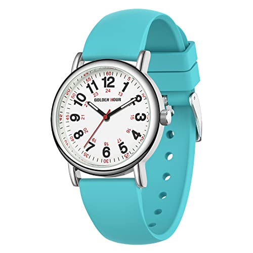 GOLDEN HOUR Relógio de enfermeira impermeável para profissionais médicos, estudantes, mulheres e homens, mostrador Luminouse fácil de ler, 24 horas com segunda mão, correia de silicone
