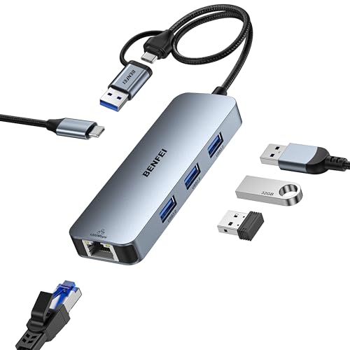 BENFEI Adaptador USB-C USB 3.0 para Gigabit Ethernet, hub USB 3.0 de 3 portas com RJ45, compatível com MacBook Pro/Air 2023, iPad Pro, iMac, S23, XPS 17, Surface Book 3 e mais
