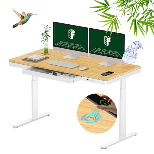 FLEXISPOT Q8 Secretária elevável com placa de bambu inteira com carga sem fios, gaveta e gestão de cabos, elétrica com motor duplo e 3 colunas telescópicas, 140 x 70 cm (ácer)