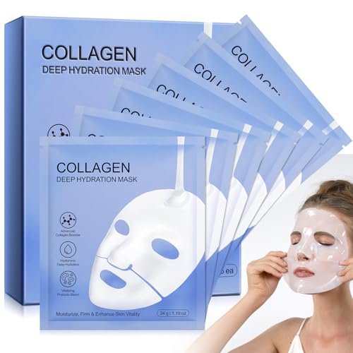 Máscara de colagénio, 6 peças Bio Collagen Real Deep Mask, máscara anti-envelhecimento de colagénio profundo para todos os tipos de pele, minimização de poros, melhora a elasticidade